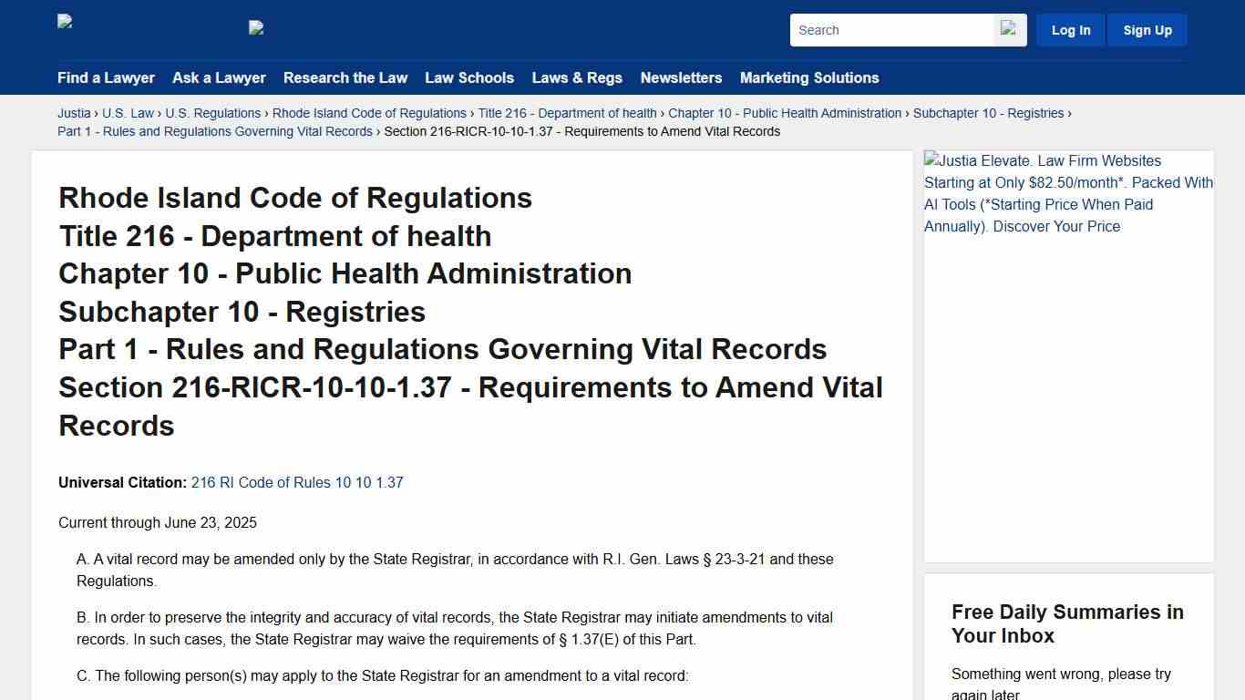 Rhode Island Code of Regulations, Part 1, Section 216-RICR-10-10-1.37 - Requirements to Amend Vital Records Rhode Island Code of Regulations Justia